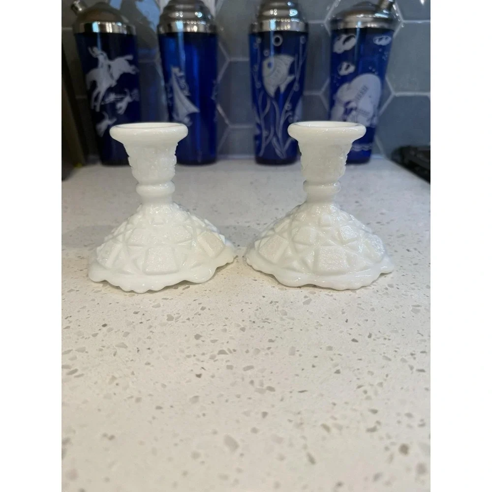 Westmoreland Milk Glass Old Quilt Pair Of  Candle Stick Holders Mid Century